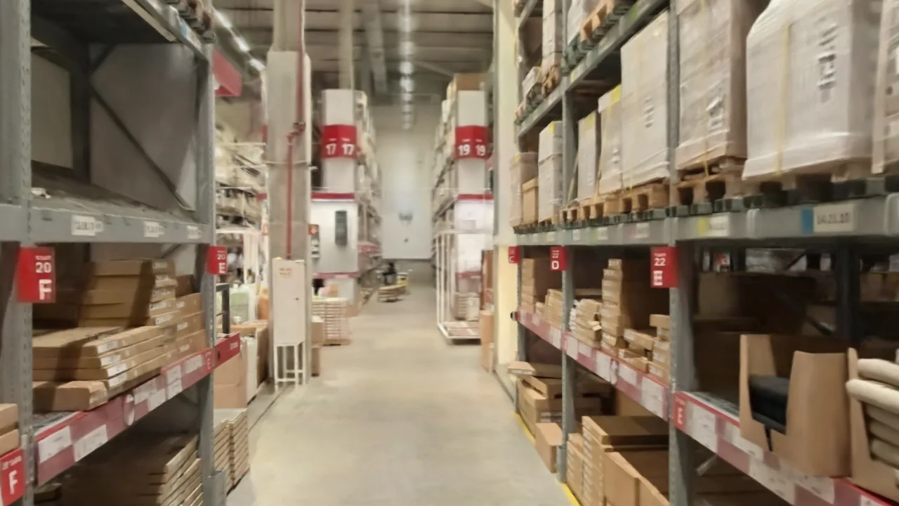 A warehouse walkway twin with tall racking of flat-pack boxes on both sides